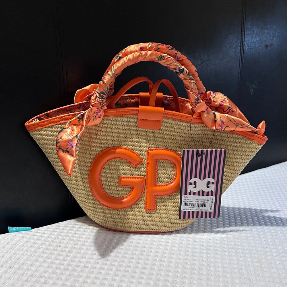 Gilda Paris GP Embroidered Straw Handbag With Orange Floral Scarf Handles